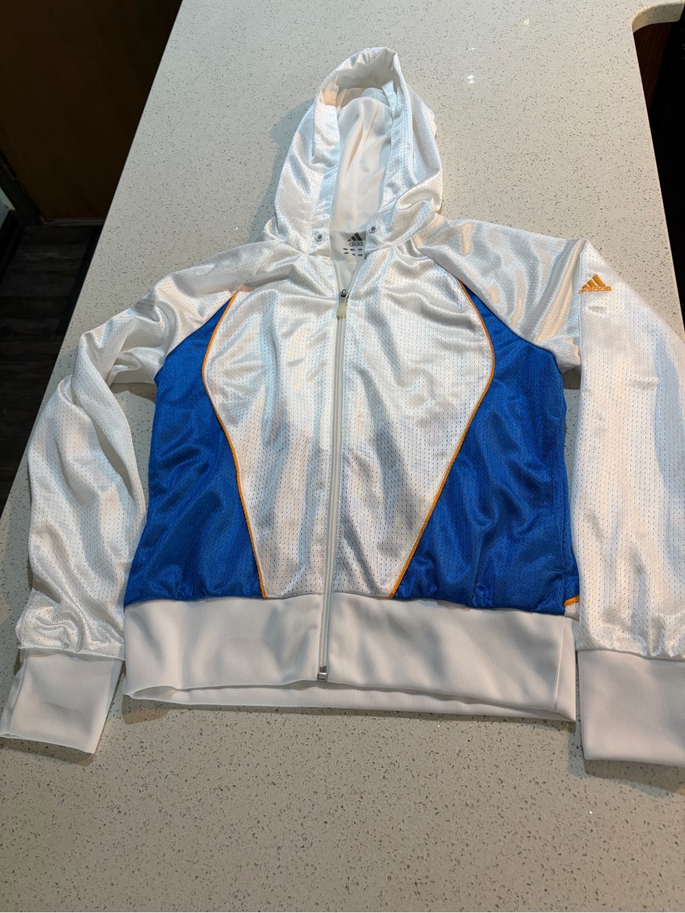 Adidas Womens small white blue orange mesh full zip hooded track jacket